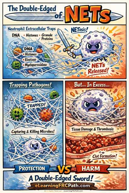 Neutrophil extracellular traps (NETs) showing web-like DNA structures with histones and granule enzymes, demonstrating both protective antimicrobial function and pathologic role in thrombosis and tissue injury