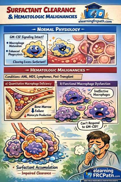 Pulmonary alveolar proteinosis showing surfactant accumulation in alveolar spaces with PAS-positive material and comparison between normal surfactant clearance and impaired clearance in hematologic malignancies