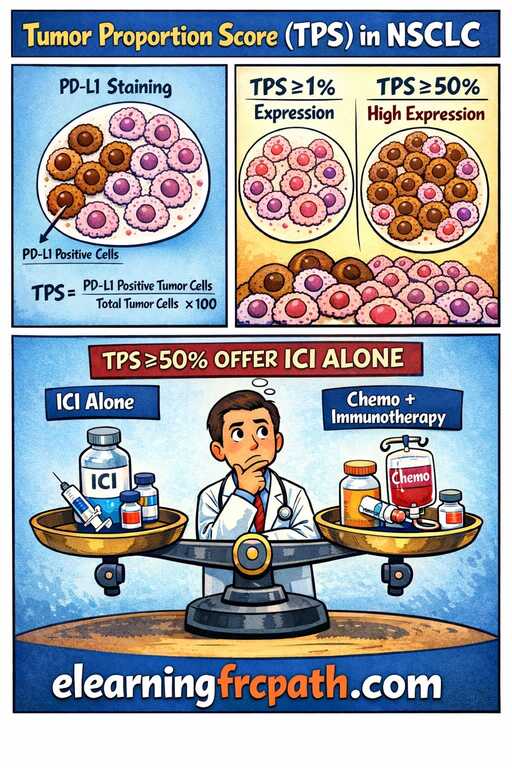 PD-L1 Tumor Proportion Score demonstration showing membrane staining in NSCLC tumor cells with scoring methodology and treatment decision algorithm
