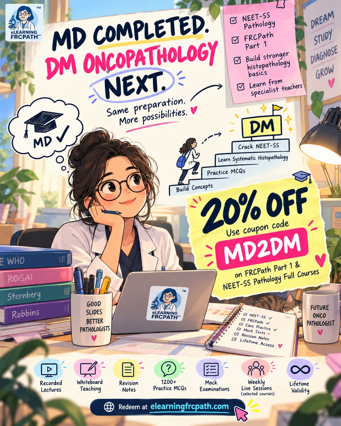 Pathologist studying for DM Oncopathology and NEET-SS Pathology using eLearningFRCPath — specialist-taught lectures, 1200+ MCQs, and lifetime access